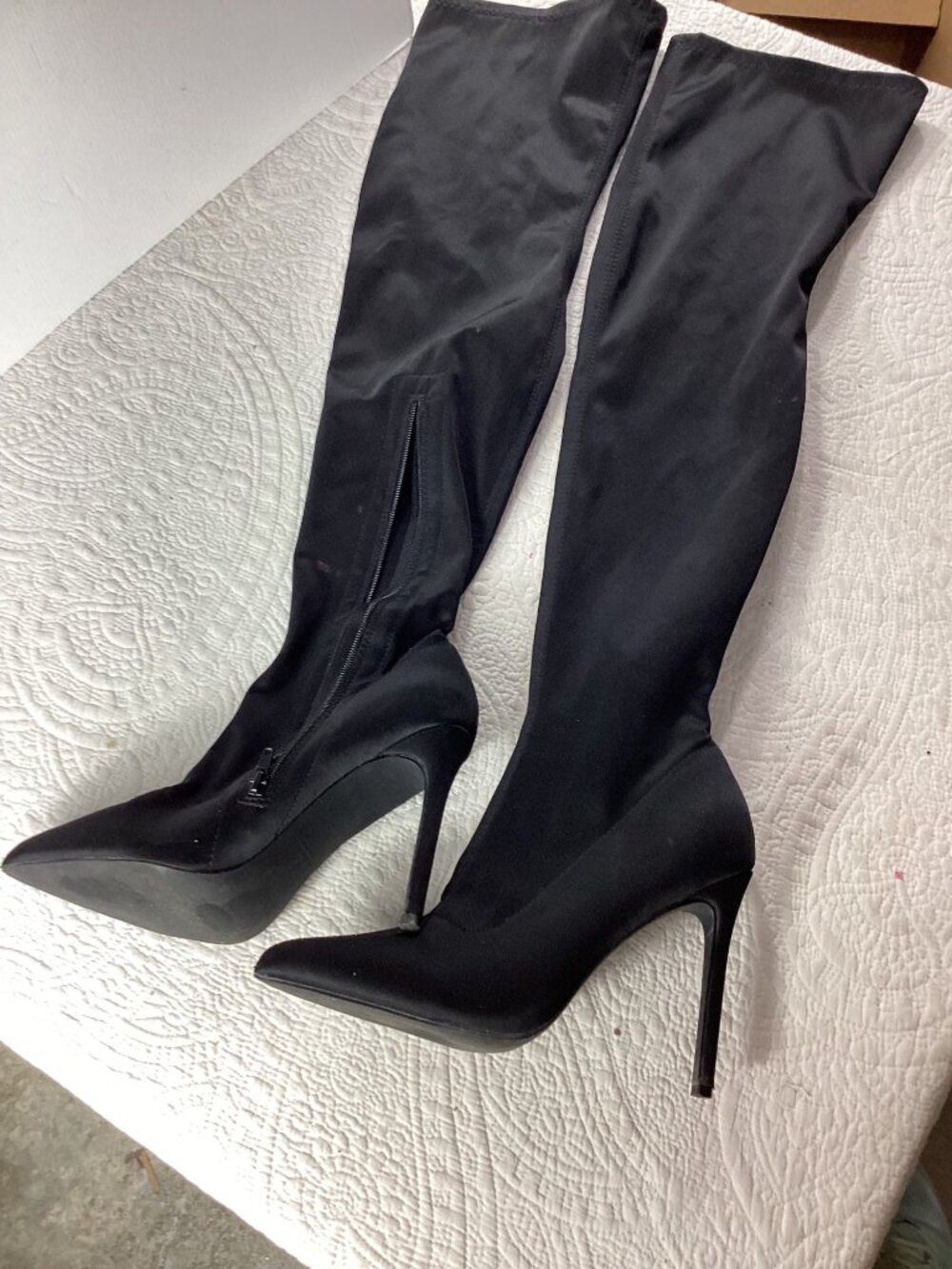 Liliana Black Thigh-High Stiletto Heeled Boots*Side Zipper*Pointed Toe*Womens10